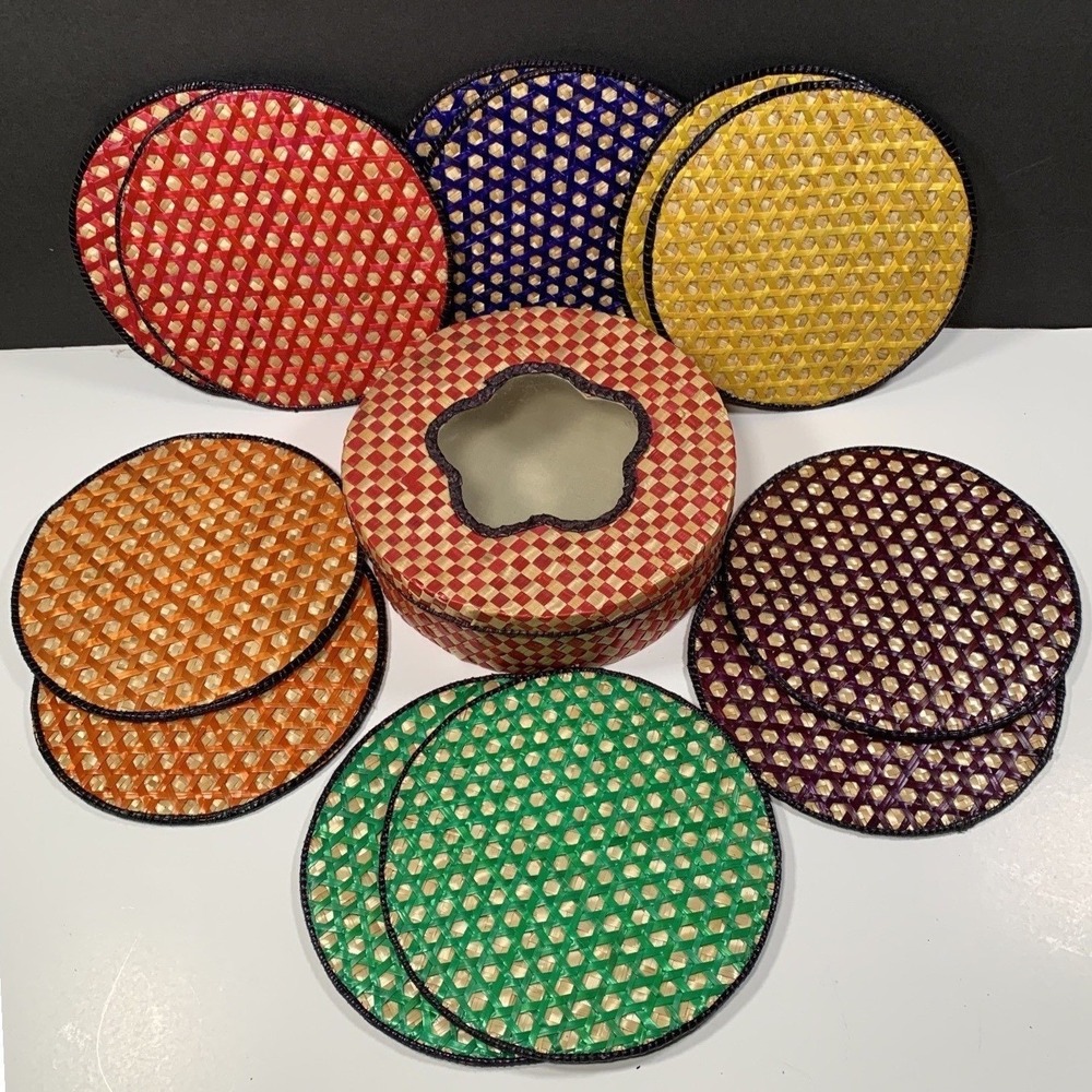 Coasters Set + Holder Drink Wicker Woven Boho Retro Table Bar Interpur Set of 12